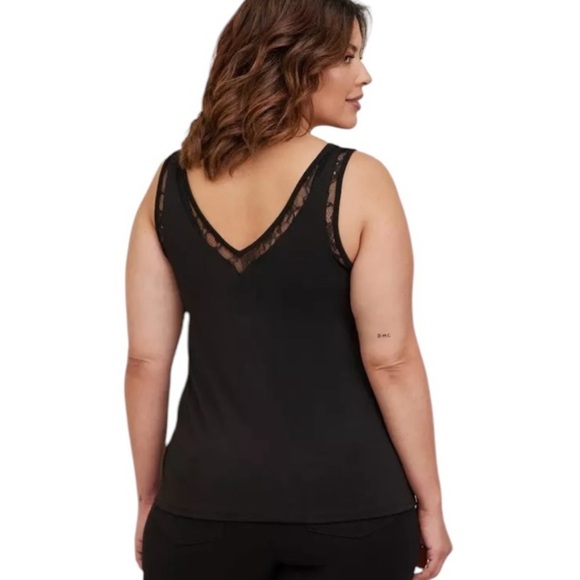 Torrid Black Studio Crepe Jersey Lace Inset Double V Neck Tank Top - Picture 2 of 7